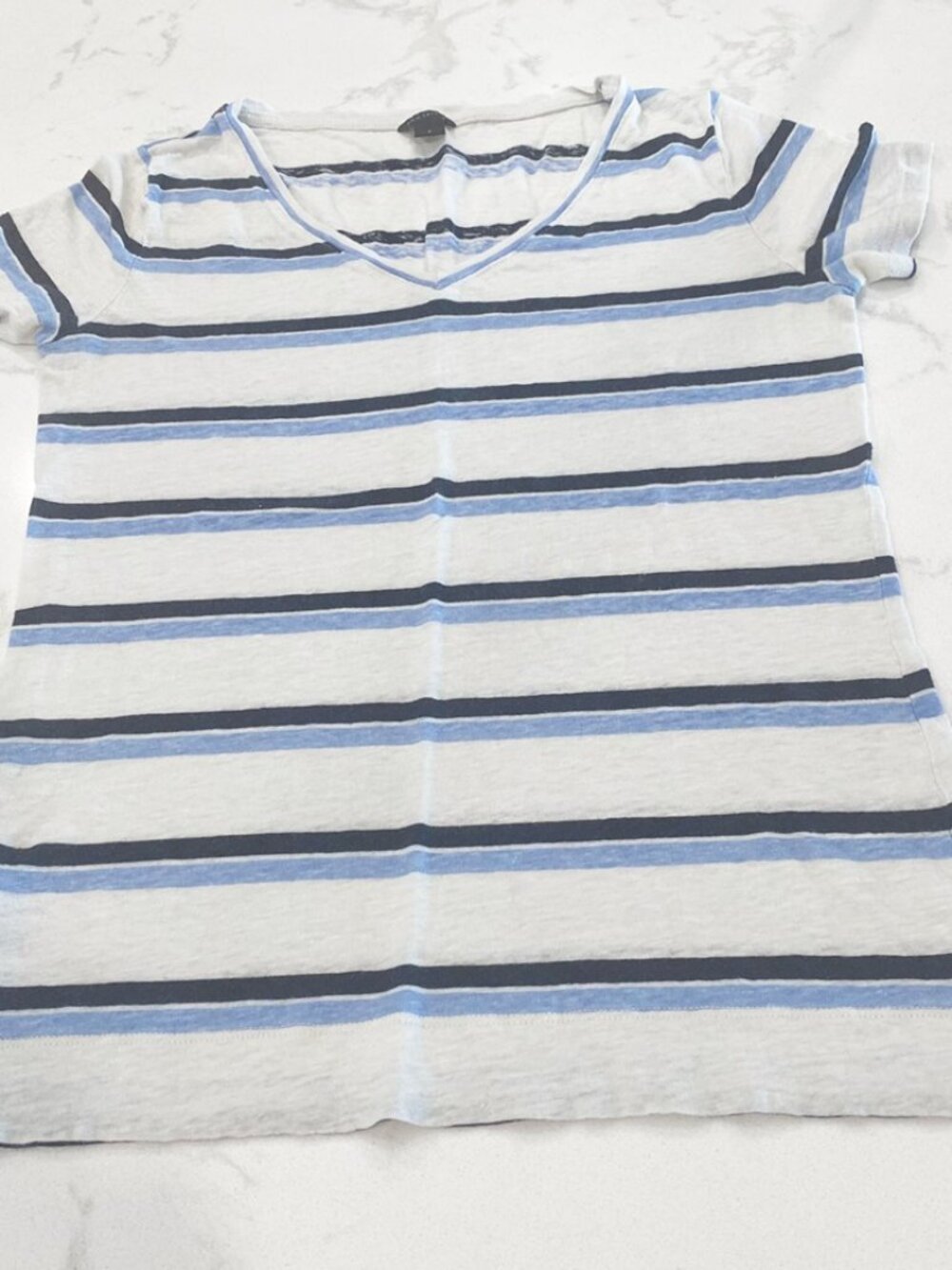 Ann Taylor Womens T-Shirt Blue White Stripe 100% Linen V-Neck Short Sleeve Tee S